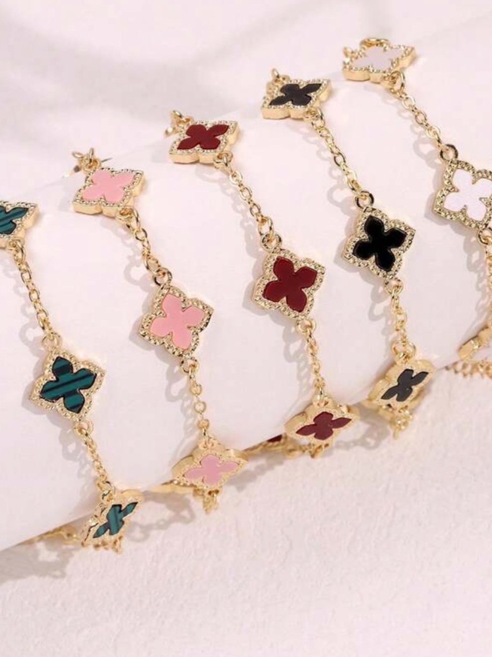 5pc Gold Clover-Link Women's Bracelet Pink Black White Green Red Enamel fashion - Picture 2 of 3